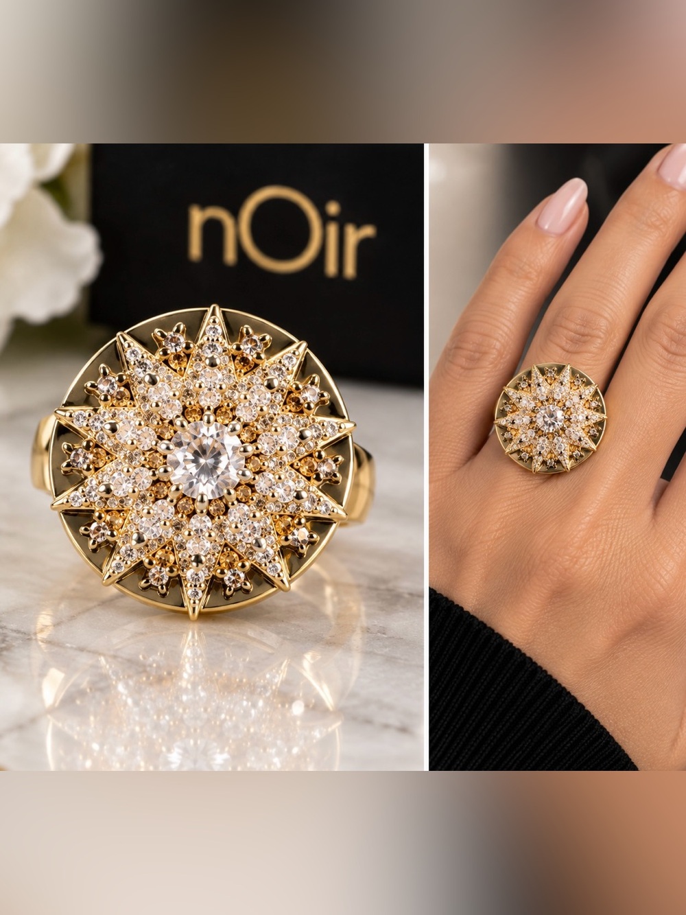 nOir NYC Jewelry Crystal Starburst Statement Cocktail Ring Gold Size 5.5
